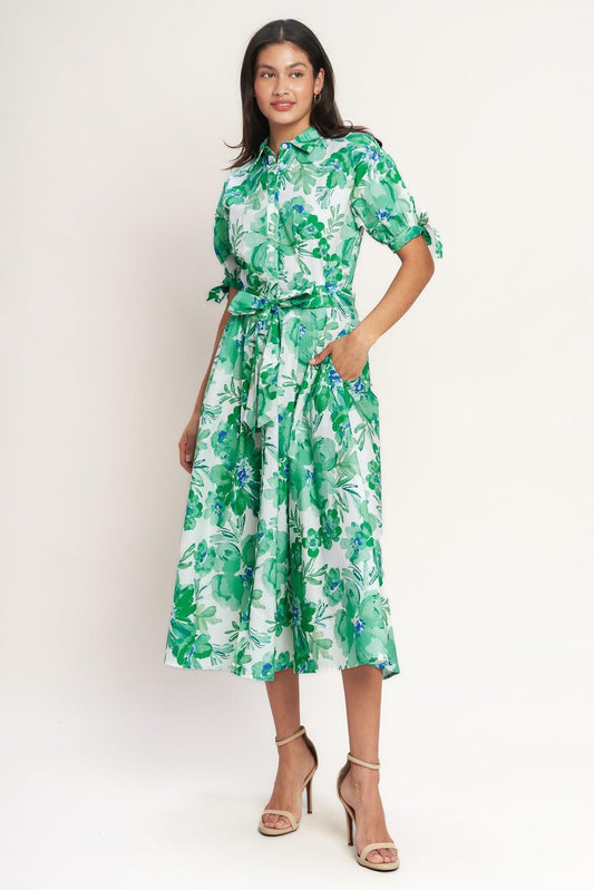 Simply in Bloom Woven Midi Shirt Dress in ivory green, view 2 — Soul Flow Apparel
