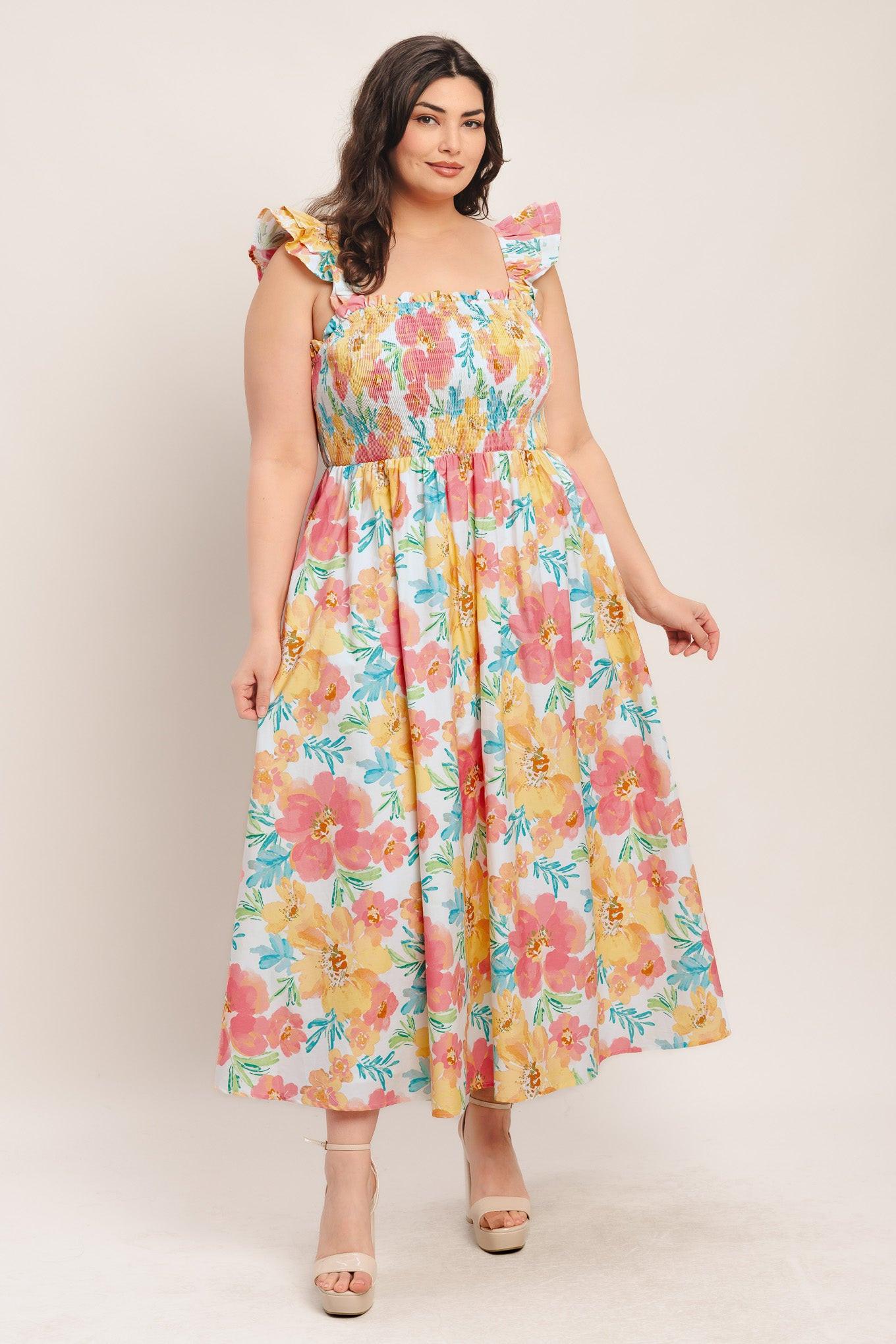 Soft Sunshine Woven Midi Dress in multi floral, view 8 — Soul Flow Apparel