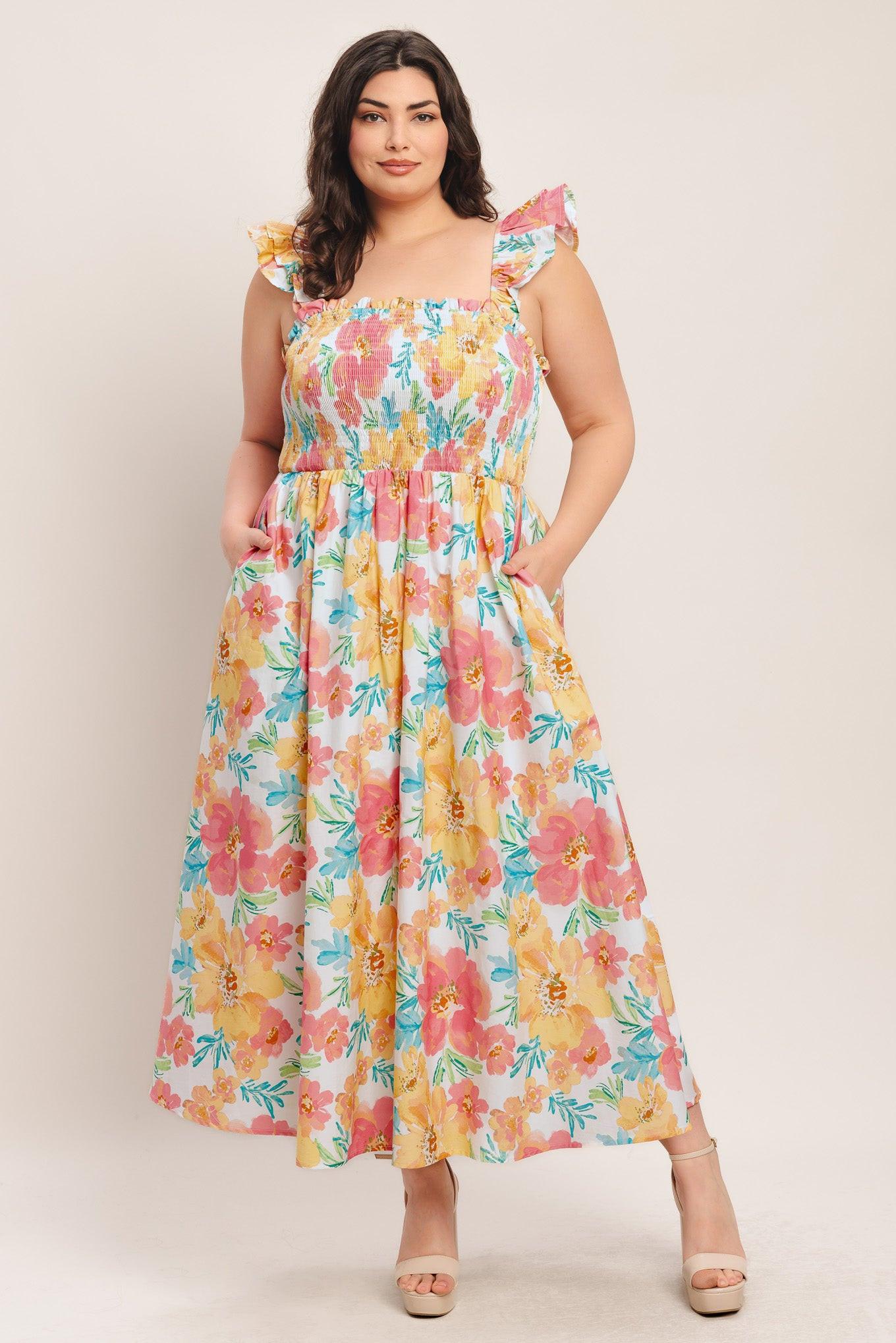 Soft Sunshine Woven Midi Dress in multi floral, view 9 — Soul Flow Apparel