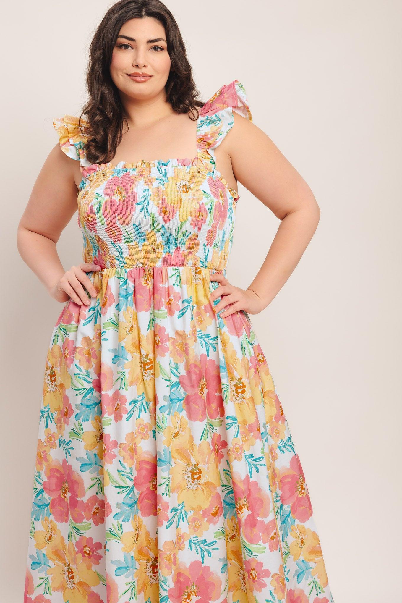 Soft Sunshine Woven Midi Dress in multi floral, view 13 — Soul Flow Apparel