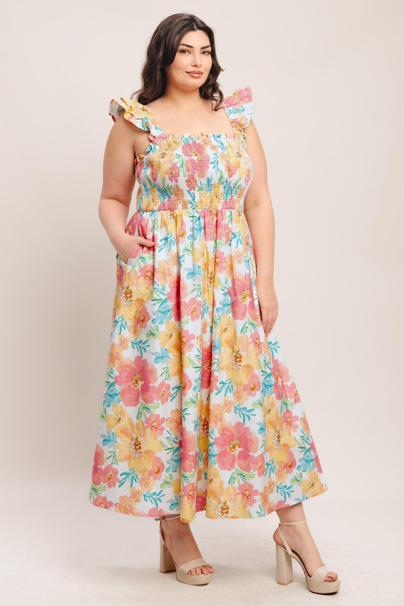 Soft Sunshine Woven Midi Dress in multi floral, view 11 — Soul Flow Apparel