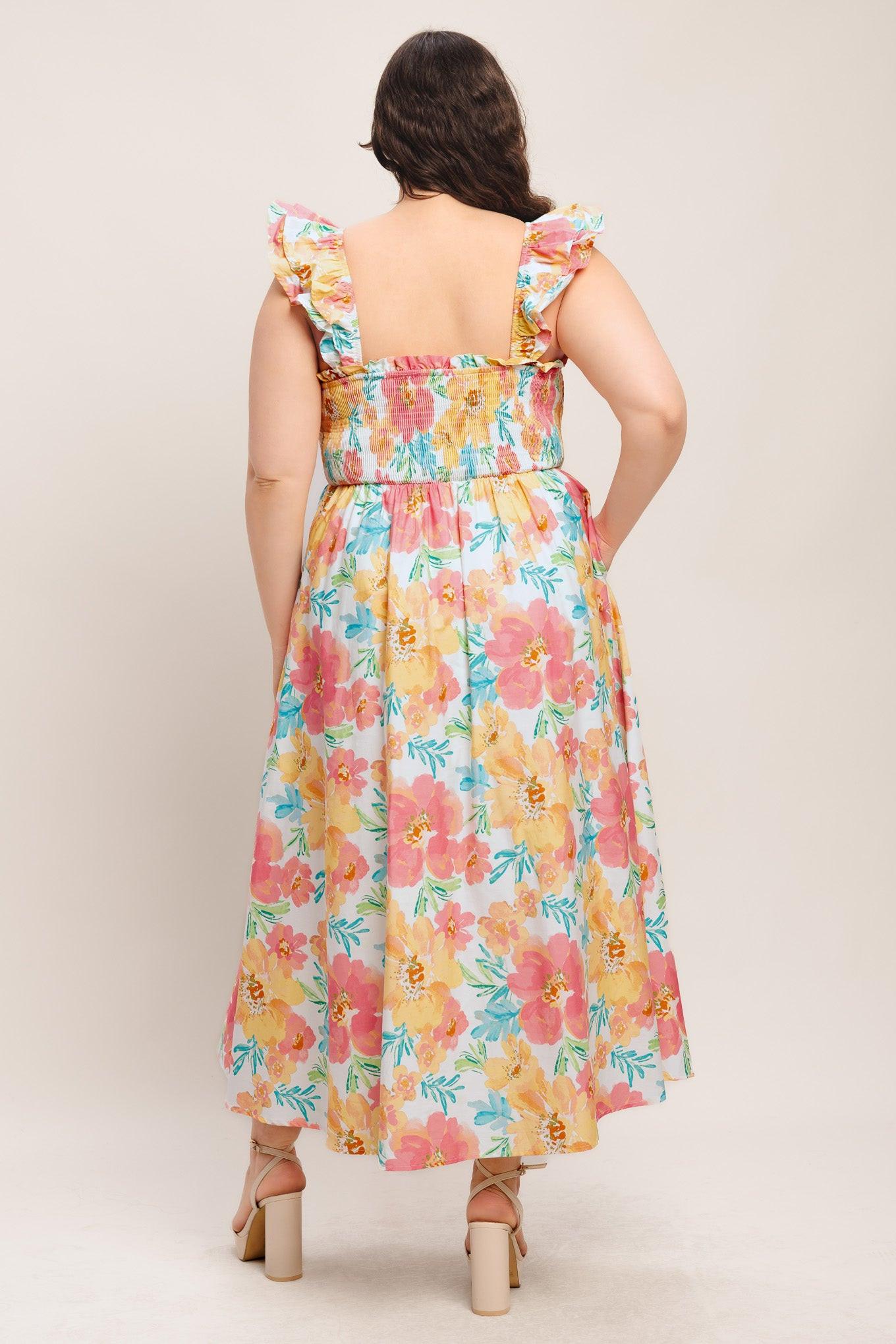 Soft Sunshine Woven Midi Dress in multi floral, view 10 — Soul Flow Apparel