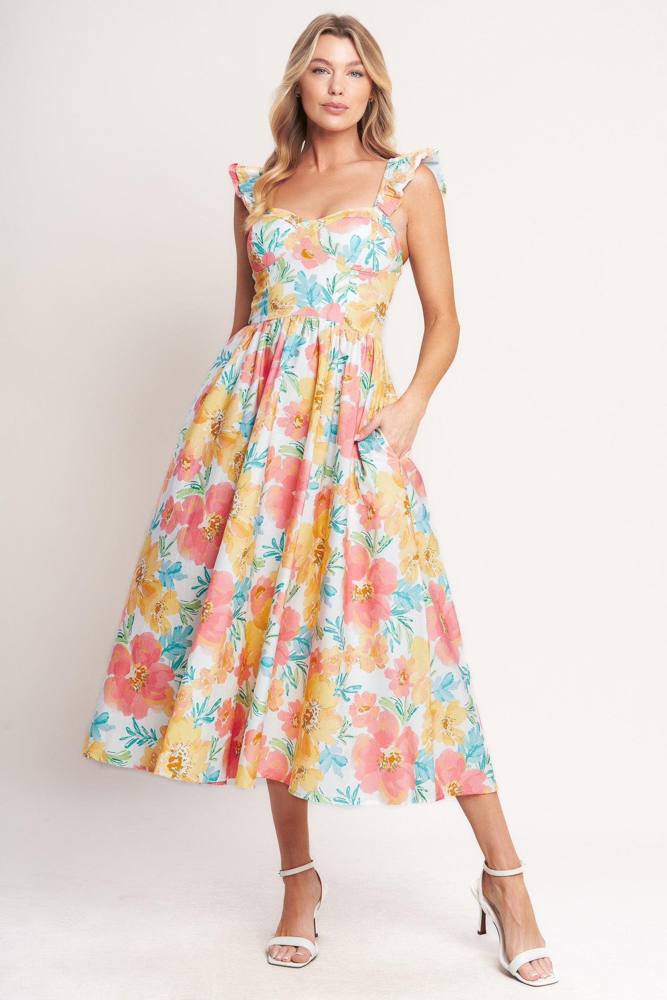 Soft Sunshine Woven Midi Dress in multi floral, view 1 — Soul Flow Apparel