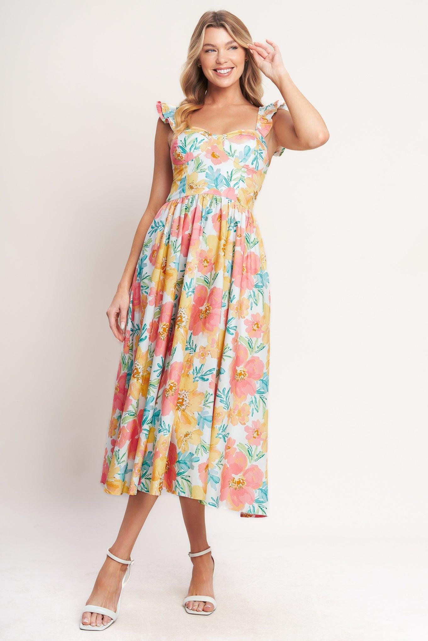 Soft Sunshine Woven Midi Dress in multi floral, view 2 — Soul Flow Apparel