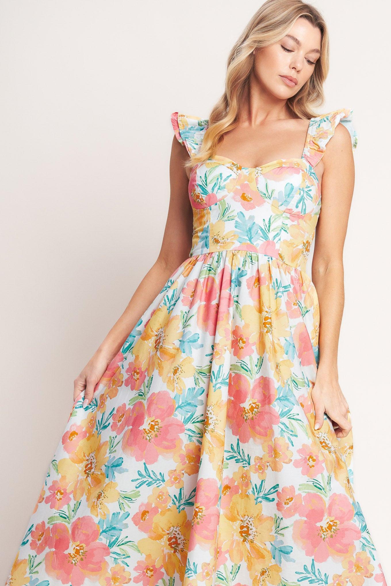 Soft Sunshine Woven Midi Dress in multi floral, view 3 — Soul Flow Apparel