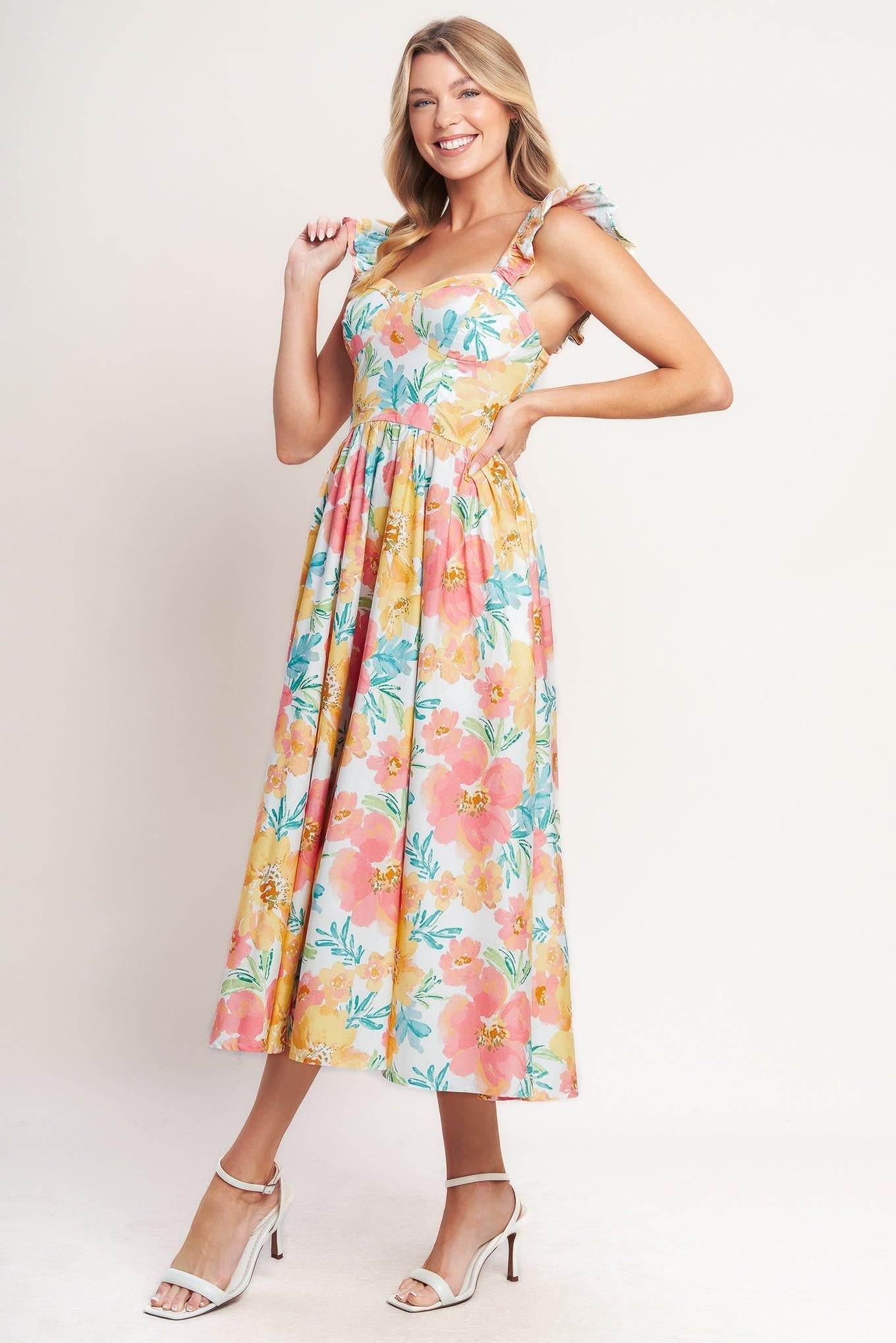Soft Sunshine Woven Midi Dress in multi floral, view 4 — Soul Flow Apparel