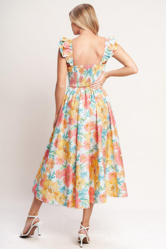 Soft Sunshine Woven Midi Dress in multi floral, view 5 — Soul Flow Apparel