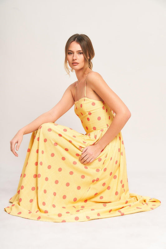 Golden Summer Polka Woven Midi Dress in light yellow, view 7 — Soul Flow Apparel