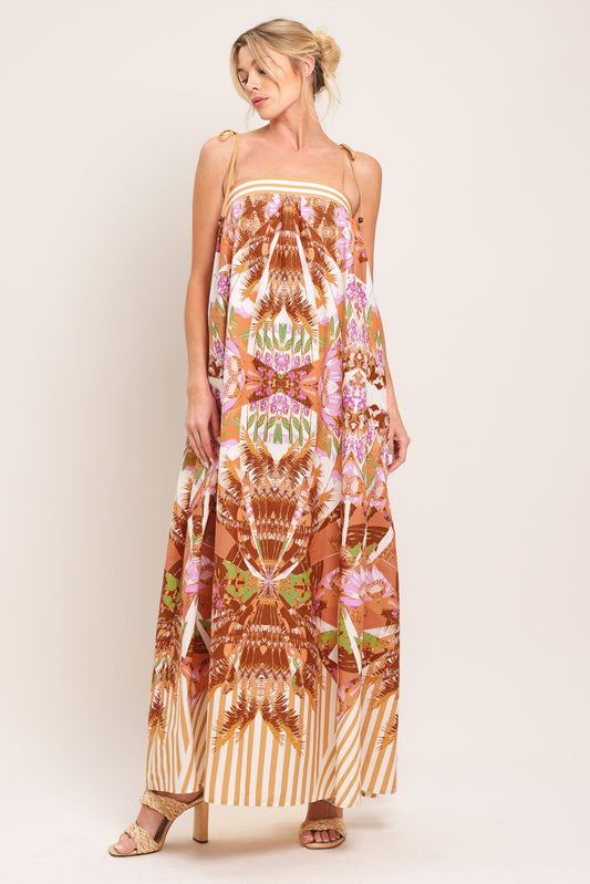 Palm Oasis Woven Maxi Dress in orange pink, view 1 — Soul Flow Apparel