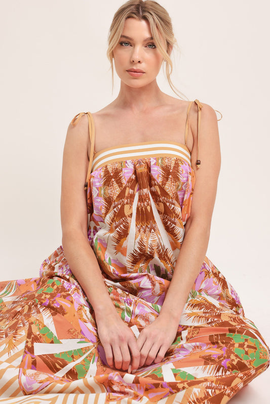 Palm Oasis Woven Maxi Dress in orange pink, view 7 — Soul Flow Apparel
