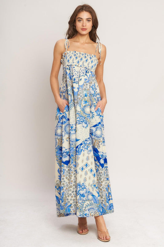 Coastal Dream Woven Maxi Dress in white blue, view 2 — Soul Flow Apparel