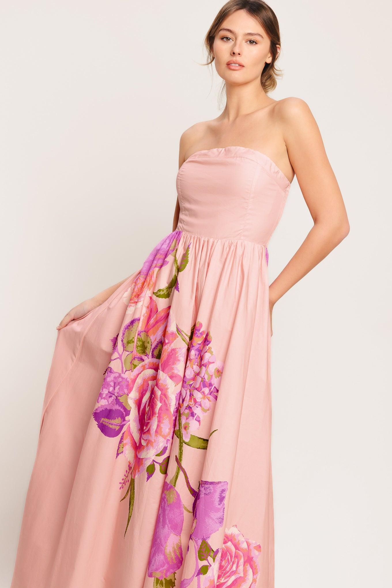 Rose Serenade Woven Maxi Dress in light pink, view 3 — Soul Flow Apparel