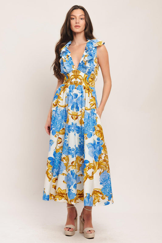 Baroque Bloom Woven Midi Dress in off-white blue gold, view 1 — Soul Flow Apparel