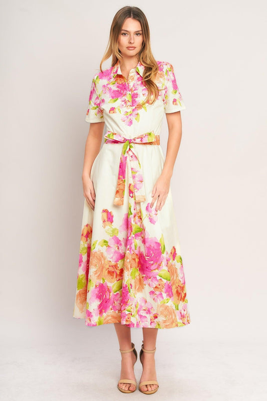 Peony Bloom Woven Midi Dress in light taupe, view 1 — Soul Flow Apparel