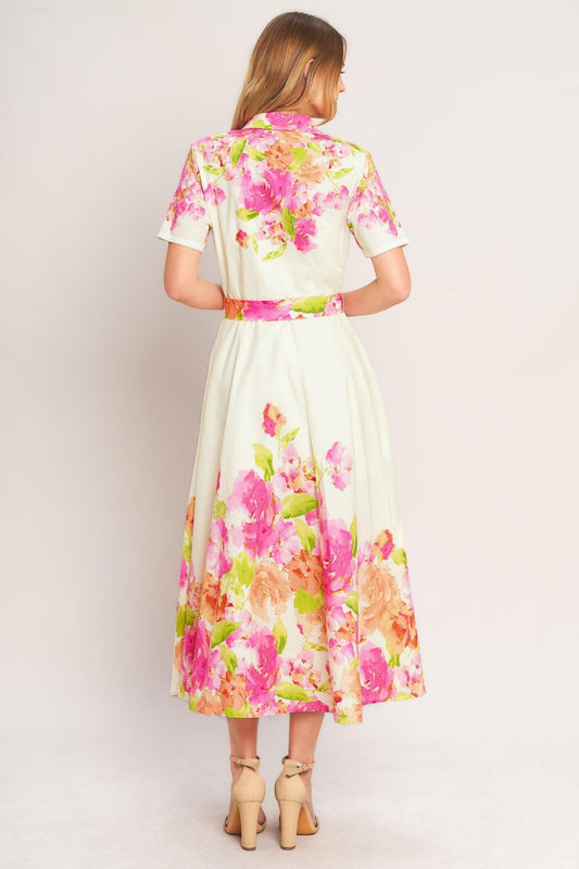 Peony Bloom Woven Midi Dress in light taupe, view 2 — Soul Flow Apparel
