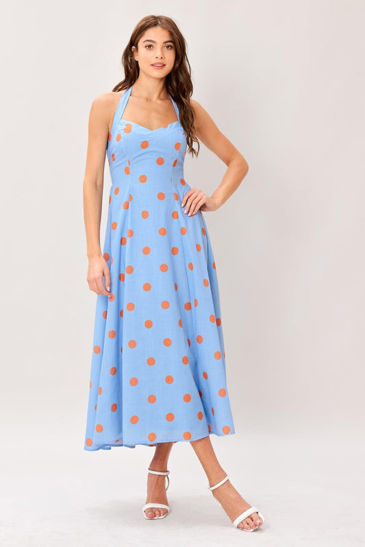 Cotton Candy Sky Dot Woven Midi Dress in light blue, view 1 — Soul Flow Apparel