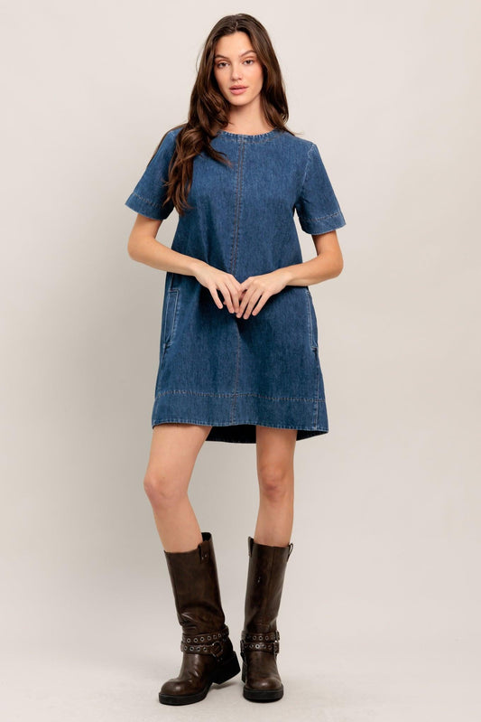 Simply Put Together Denim Mini Dress in medium indigo, view 2 — Soul Flow Apparel