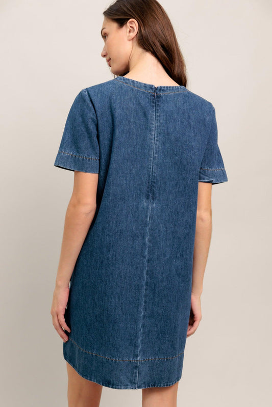 Simply Put Together Denim Mini Dress in medium indigo, view 6 — Soul Flow Apparel