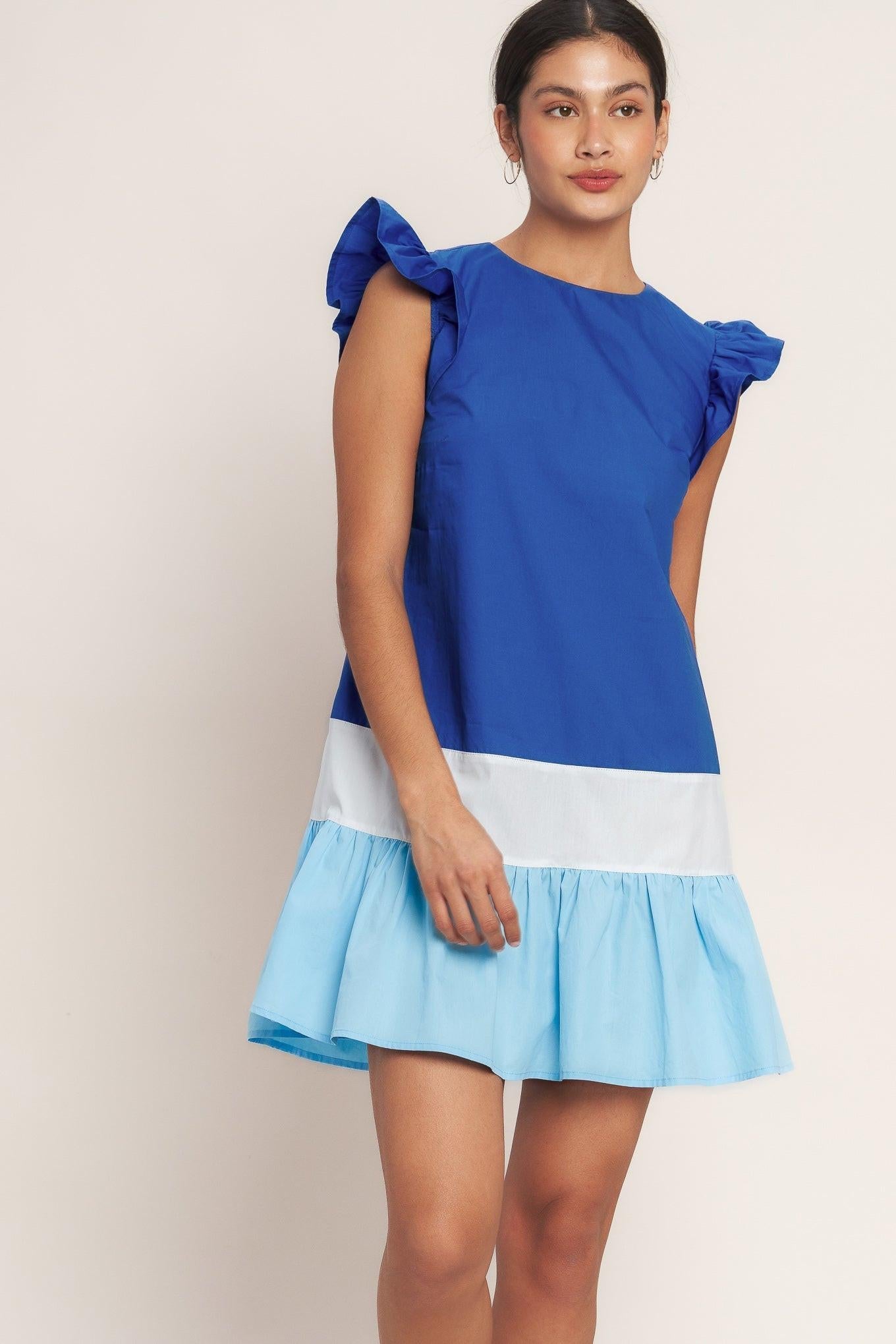 Seaside Sweetheart Color Blocked Mini Dress in blue, view 1 — Soul Flow Apparel