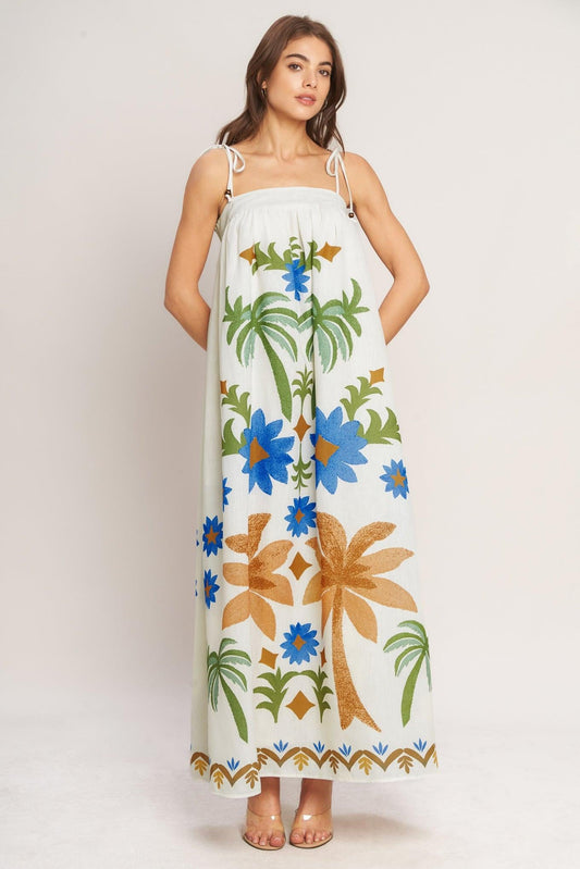 Tropic Arte Flow Woven Maxi Dress in off-white multi, view 2 — Soul Flow Apparel