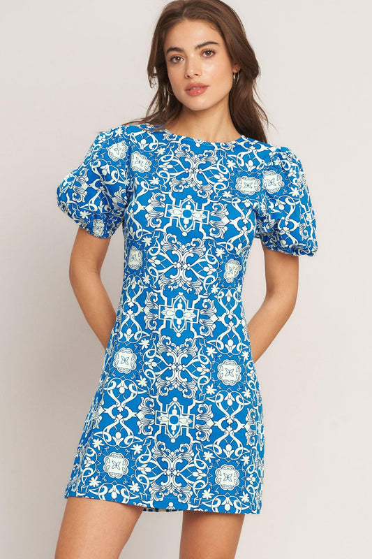 City Vibe Woven Mini Dress in blue white, view 3 — Soul Flow Apparel