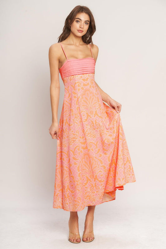 Island Sunset Charm Woven Midi Dress in pink orange, view 3 — Soul Flow Apparel
