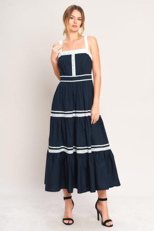 Petal Kiss Woven Midi Dress in navy white, view 1 — Soul Flow Apparel