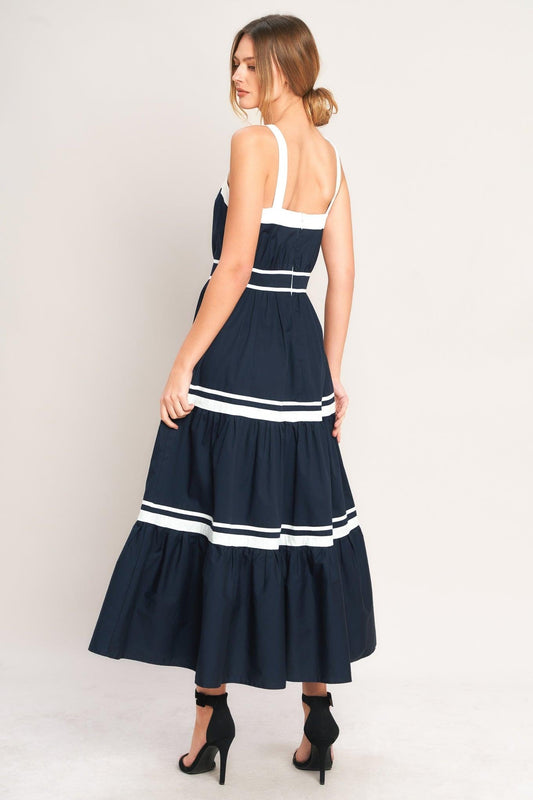 Petal Kiss Woven Midi Dress in navy white, view 2 — Soul Flow Apparel