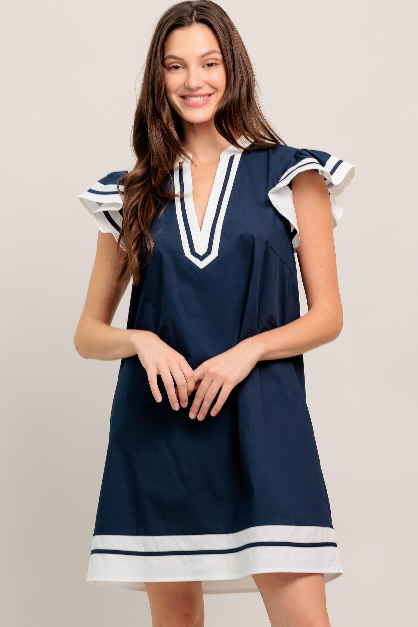 Portside Polish Woven Mini Dress in navy, view 2 — Soul Flow Apparel