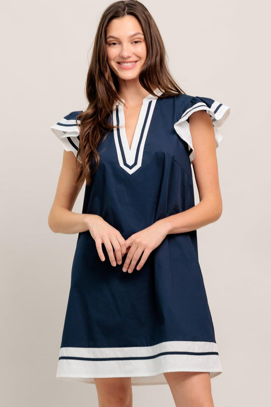 Portside Polish Woven Mini Dress in navy, view 2 — Soul Flow Apparel