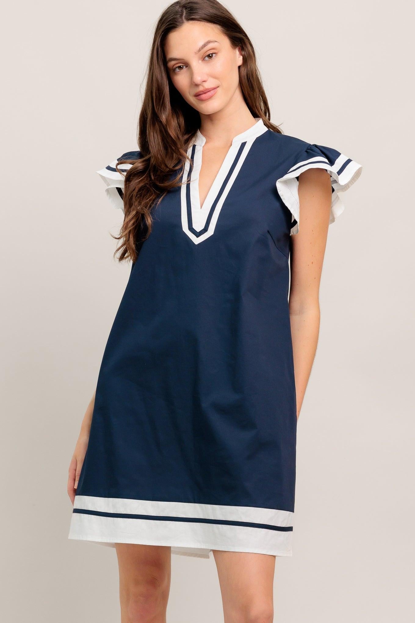 Portside Polish Woven Mini Dress in navy, view 3 — Soul Flow Apparel