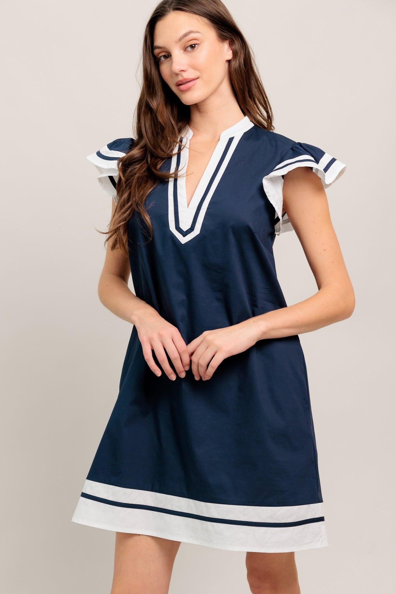 Portside Polish Woven Mini Dress in navy, view 5 — Soul Flow Apparel
