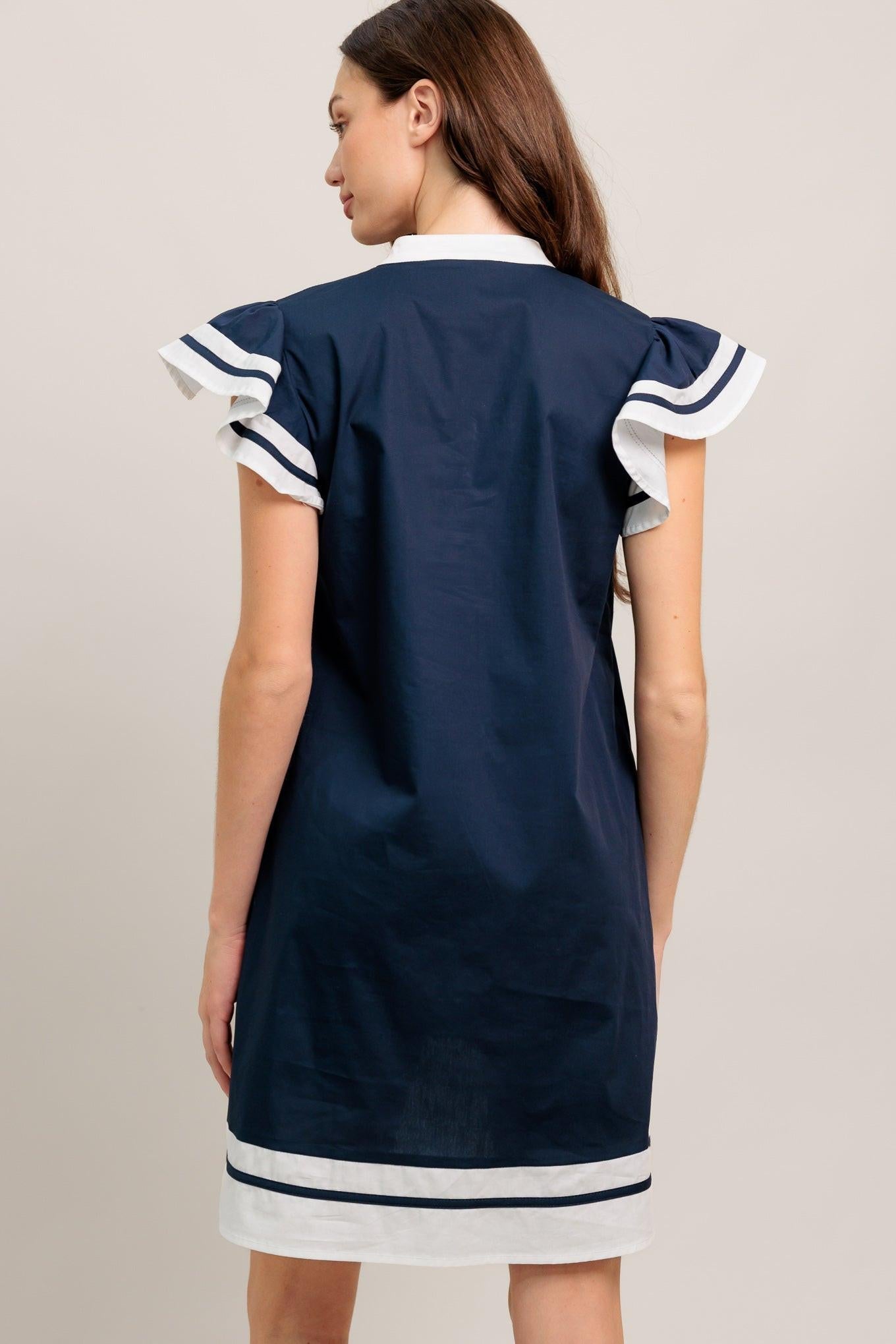 Portside Polish Woven Mini Dress in navy, view 6 — Soul Flow Apparel