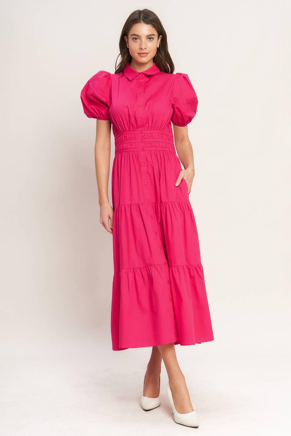 Sugar Cloud Woven Midi Dress in fuchsia, view 1 — Soul Flow Apparel