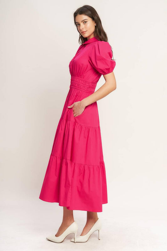 Sugar Cloud Woven Midi Dress in fuchsia, view 2 — Soul Flow Apparel