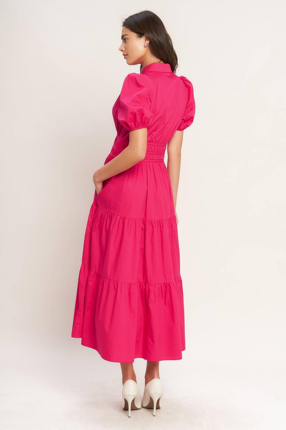 Sugar Cloud Woven Midi Dress in fuchsia, view 3 — Soul Flow Apparel