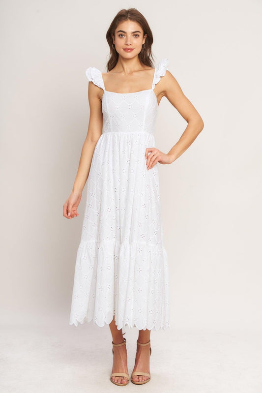 Sweet Escape Woven Eyelet Midi Dress in white, view 1 — Soul Flow Apparel