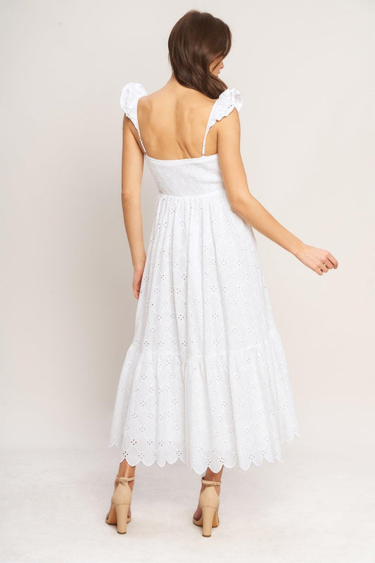 Sweet Escape Woven Eyelet Midi Dress in white, view 4 — Soul Flow Apparel