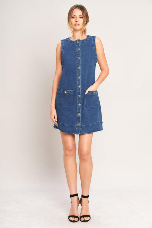 Everyday Icon Denim Shift Dress in medium indigo, view 1 — Soul Flow Apparel