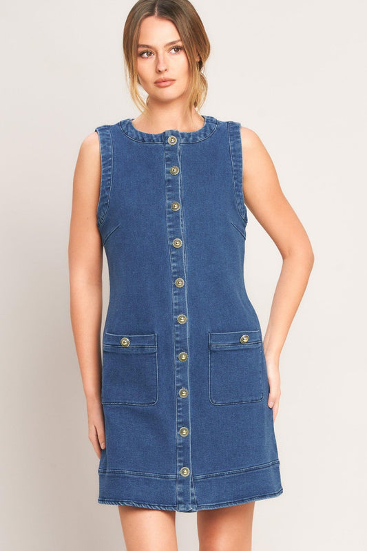 Everyday Icon Denim Shift Dress in medium indigo, view 2 — Soul Flow Apparel