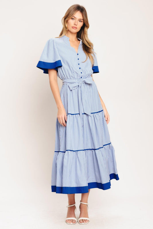 Paris Morning Blue Woven Midi Dress in white stripe, view 1 — Soul Flow Apparel