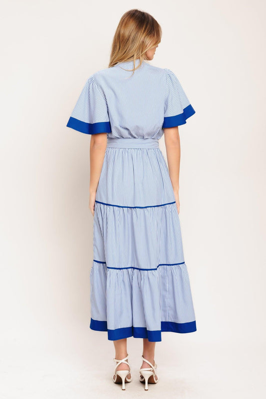 Paris Morning Blue Woven Midi Dress in white stripe, view 7 — Soul Flow Apparel