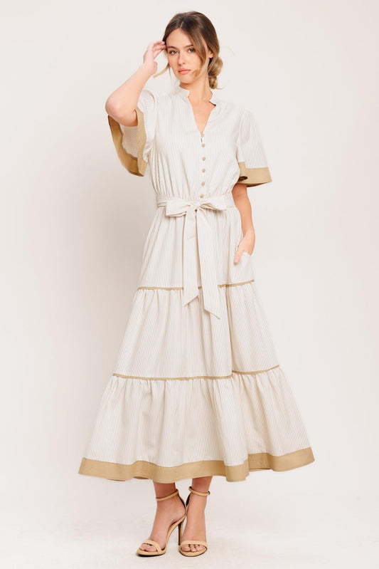 Paris Morning Taupe Woven Midi Dress in white stripe, view 5 — Soul Flow Apparel