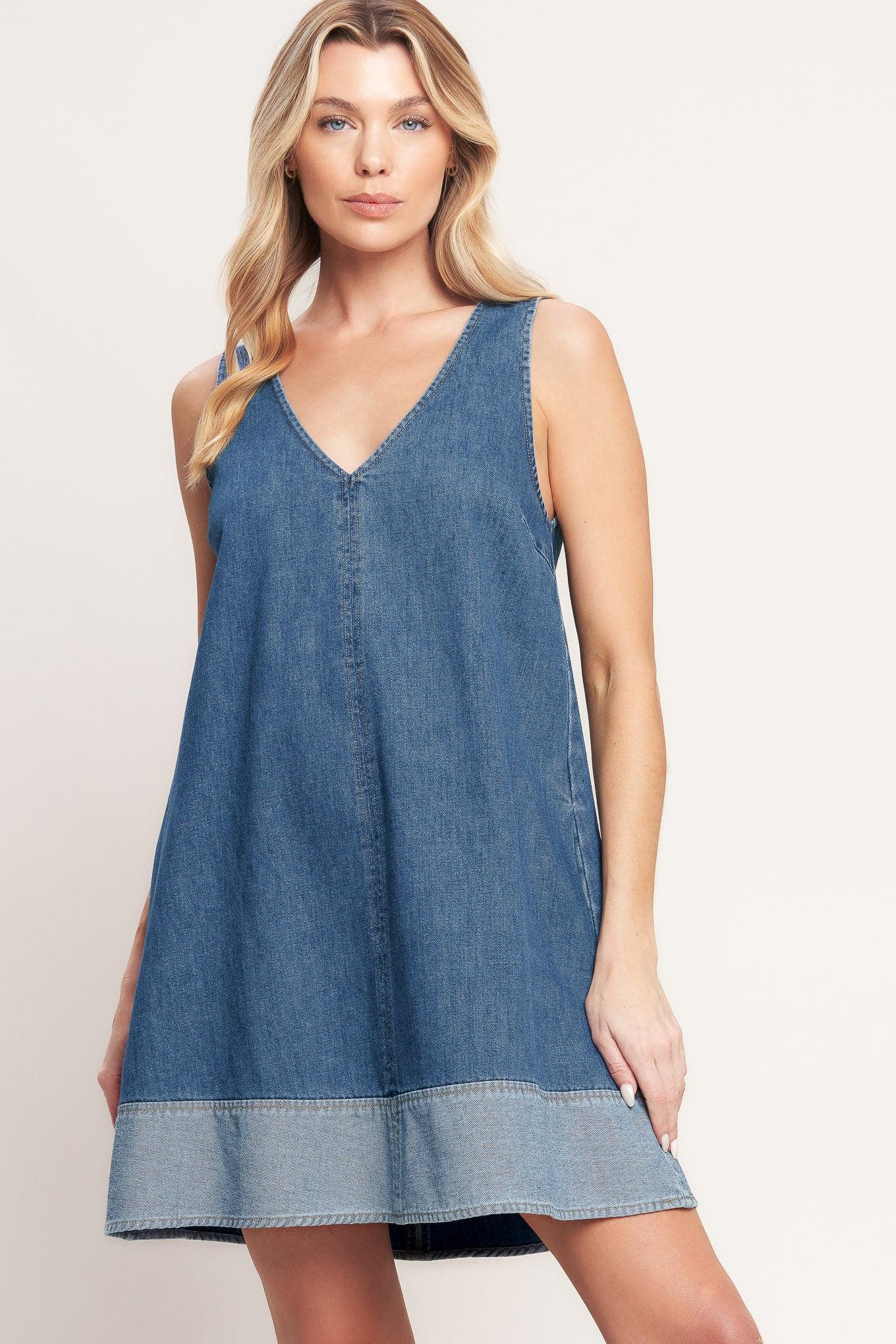 Main Street Denim Mini Dress in medium indigo, view 2 — Soul Flow Apparel