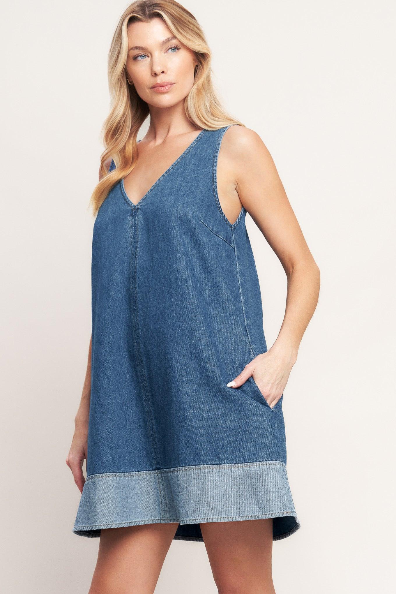 Main Street Denim Mini Dress in medium indigo, view 4 — Soul Flow Apparel