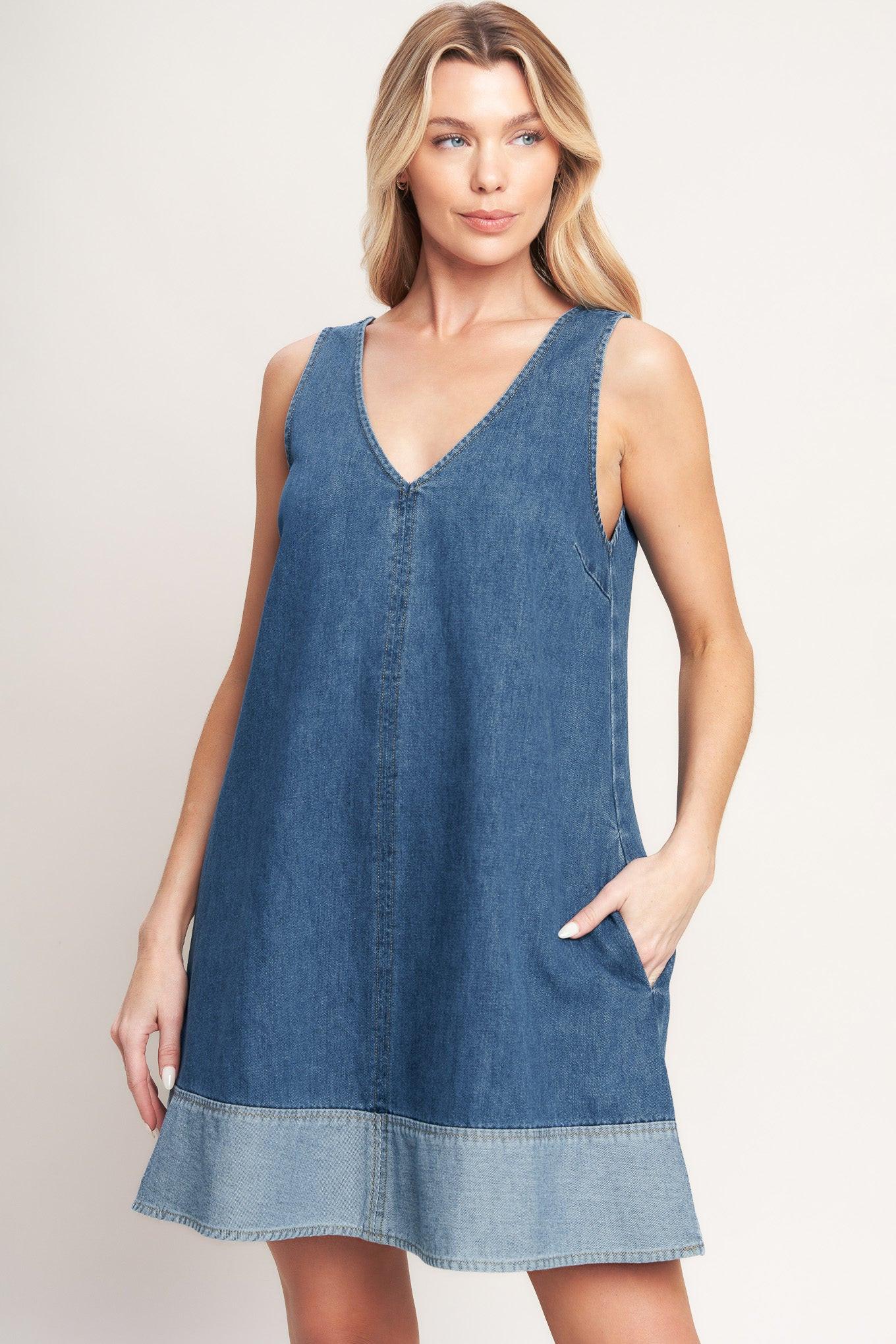 Main Street Denim Mini Dress in medium indigo, view 6 — Soul Flow Apparel