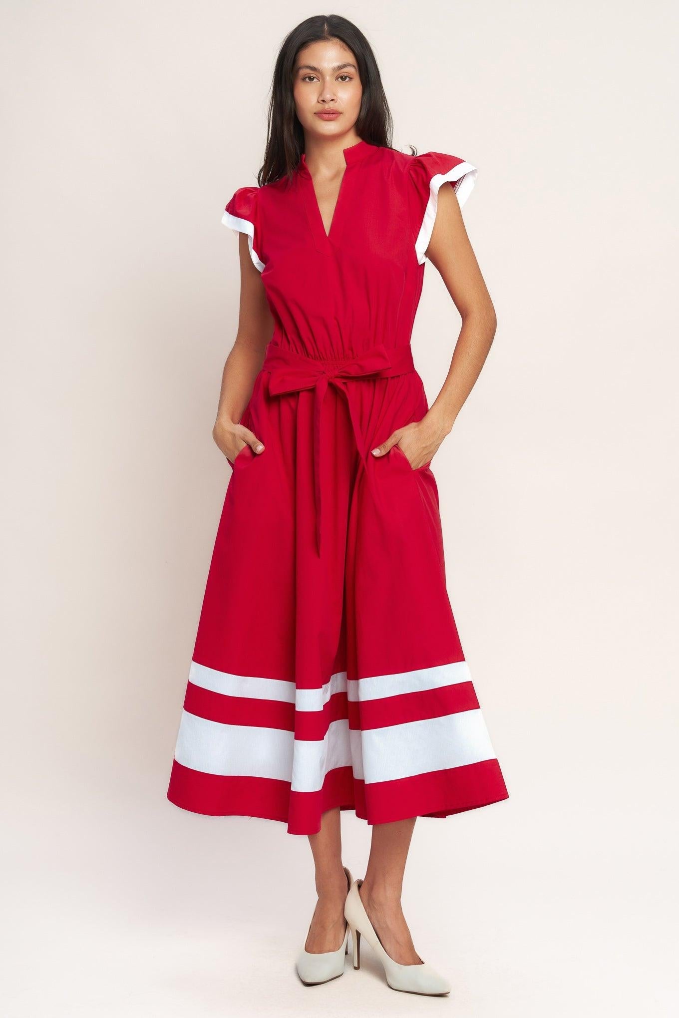 True Love in Color Blocked Midi Dress in red, view 1 — Soul Flow Apparel