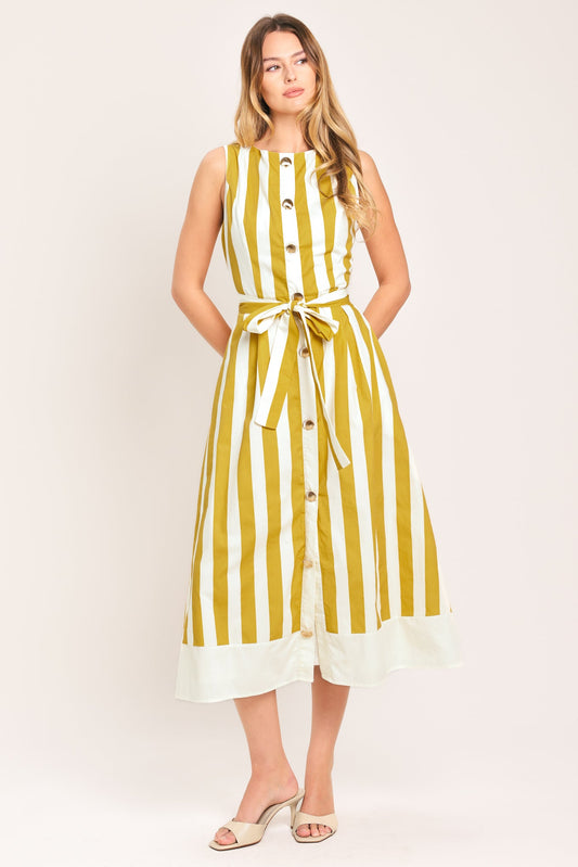 Sunshine Stripe Woven Midi Dress in ivory taupe, view 1 — Soul Flow Apparel