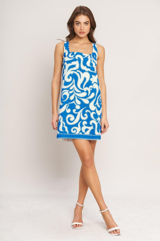 Azure Swirl Woven Mini Dress in blue white, view 1 — Soul Flow Apparel