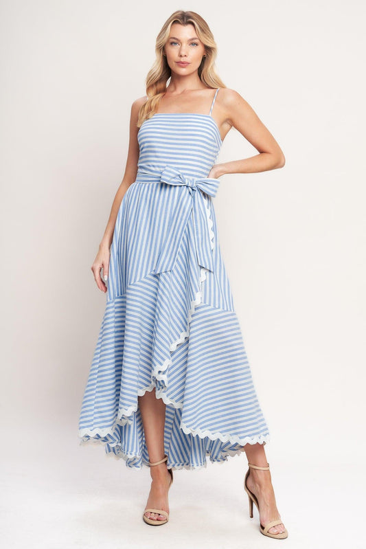 Tied to You Striped Woven Midi Dress in white blue, view 1 — Soul Flow Apparel